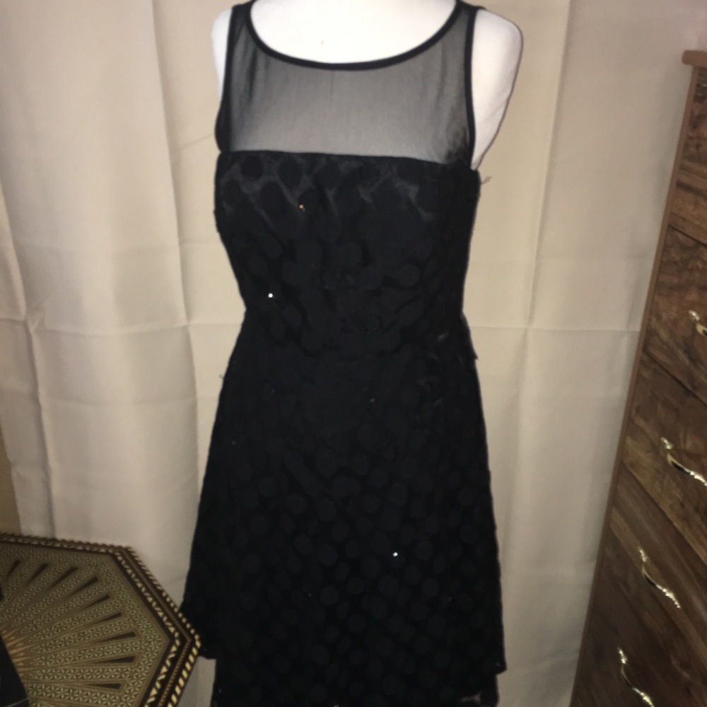 Sandra Darren Black Petite Dress Size 10P‎ Mesh Polka Dot Beaded Party